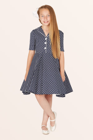 Kids Sabrina Polka Dot Dress - Midnight Blue